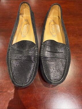 Tod's Black Glitter Leather Penny Loafers